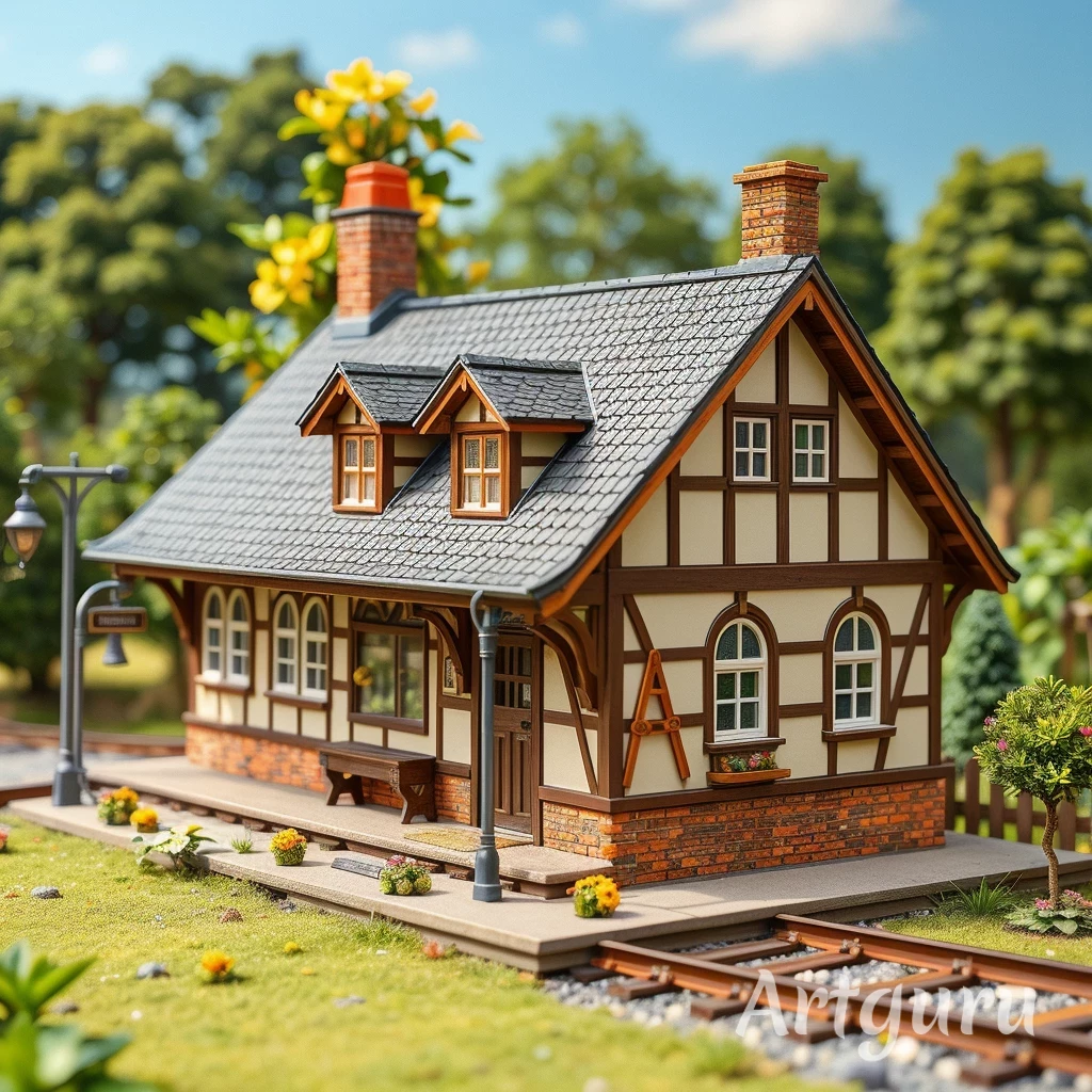 Beispiel eines durch KI als 3D-Objekt generierten Modell-Bahnhofes für eine Kleinbahn.